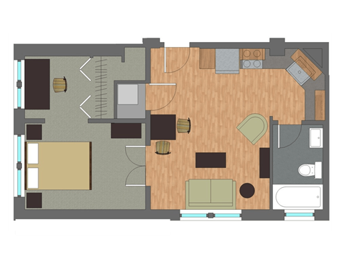 Floor plan for 1 bed, 1 bath, 542 sqft